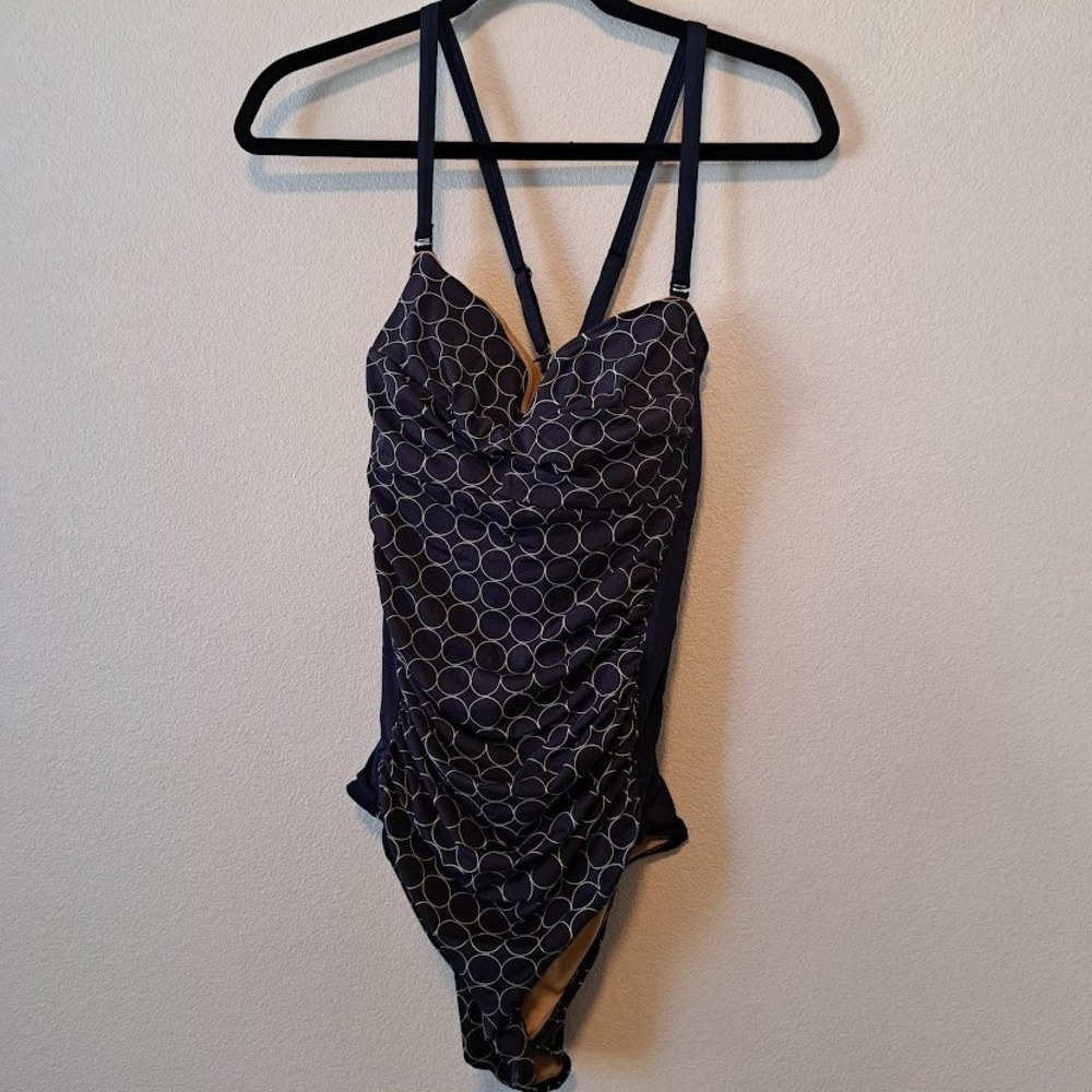 Downeast Womens Navy Blue White Circle Print Ruched One Piece Swimsuit Size L